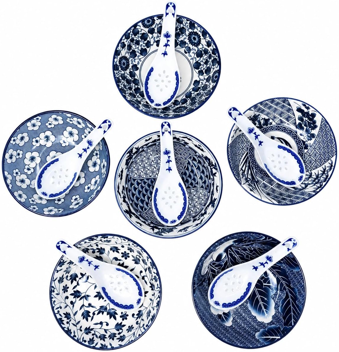 Porcelain Chinese Japanese Bowl Sets with Free 6 Porcelain Spoons, Set of 6