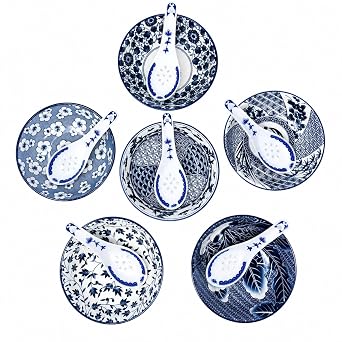 Porcelain Chinese Japanese Bowl Sets with Free 6 Porcelain Spoons, Set of 6