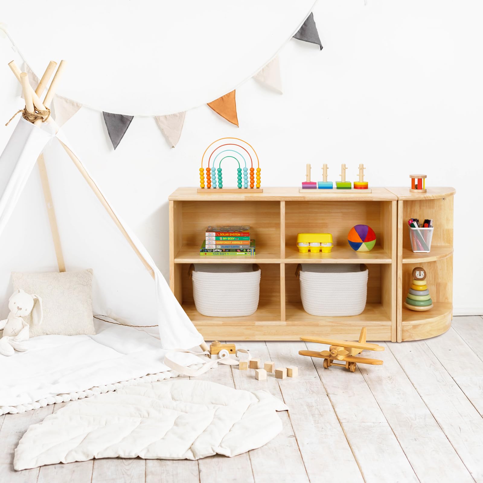 OOOK Gummiholz Kinderregal Spielzeugschrank, Bücherregal Spielzeugregal mit 2 Ebenen, Eckregal Stehend Holz für Kinderzimmer, Spielzimmer und Kindergarten, 30 x 30 x 60 cm