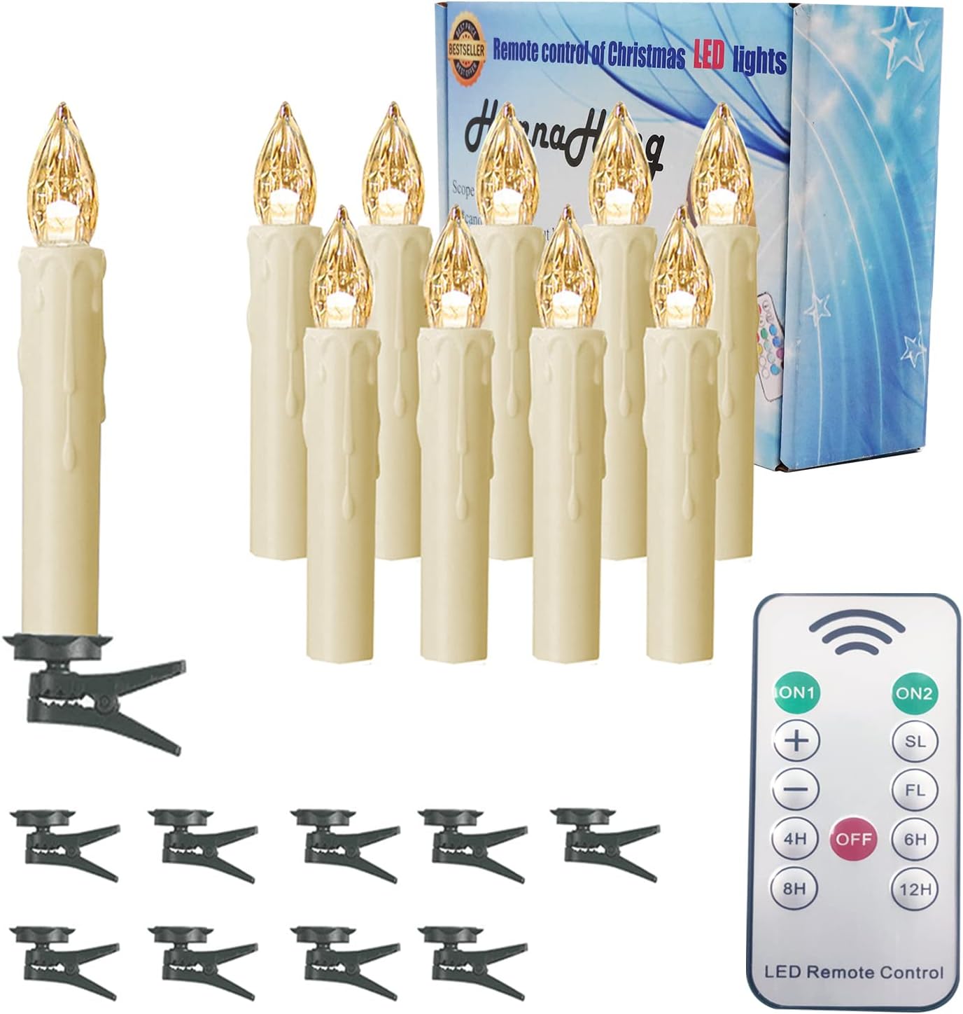 HANNAHONG 10 pcs LED Flameless Taper Candles with Remote,Small Mini Electric Dimmable Flickering Fake Wax,Battery Operated,Windows Clips Lights for Stick Candelabra,Wreath,Christmas Decor