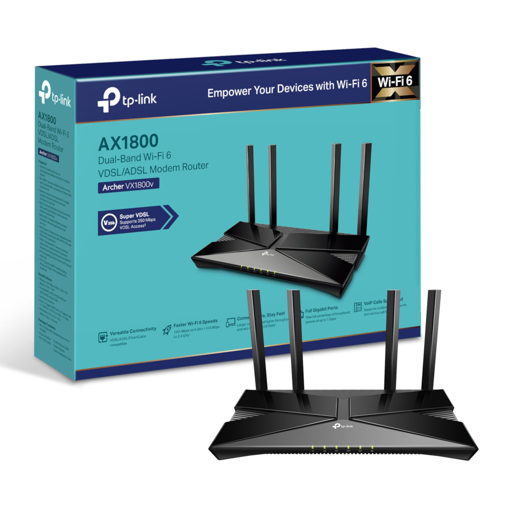 TP-Link Modem routeur Wi-FI 6 Gigabit VDSL/ADSL Double Bande AX1800, 1 201 Mbps/5 GHz, 574 Mbps/2,4 GHz, 1 × USB 2.0, 2 × 2MU-MIMO, Prise en Charge VoIP, Application Tether, Connexion