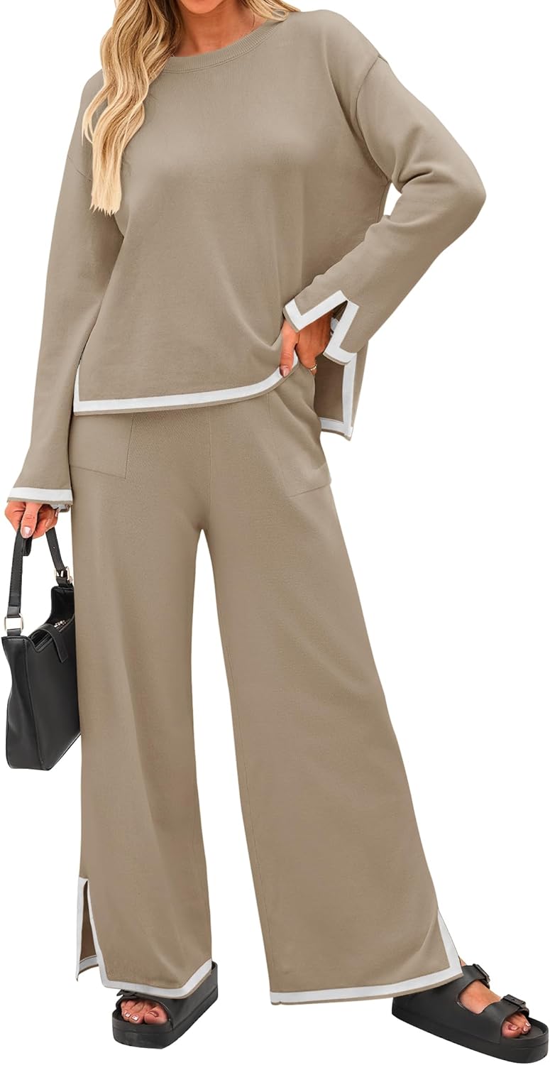 ZESICA Women's 2 Piece Outfits Set 2026 Casual Long Sleeve Knit Pullover Top and Wide Leg Pants Sweatsuit Lounge Sets