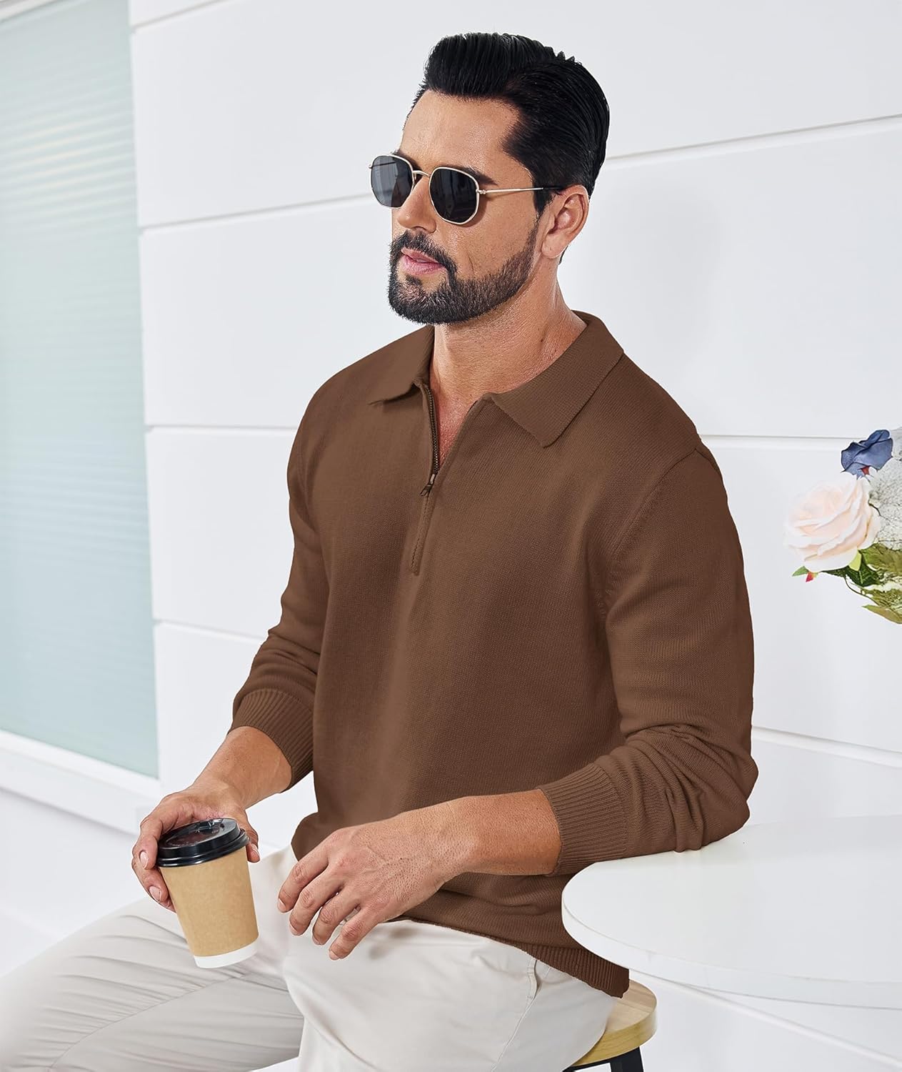 Men's Casual Knit Polo Sweater Classic Long Sleeve Thermal Basic Zip Collar Shirts - Image 6