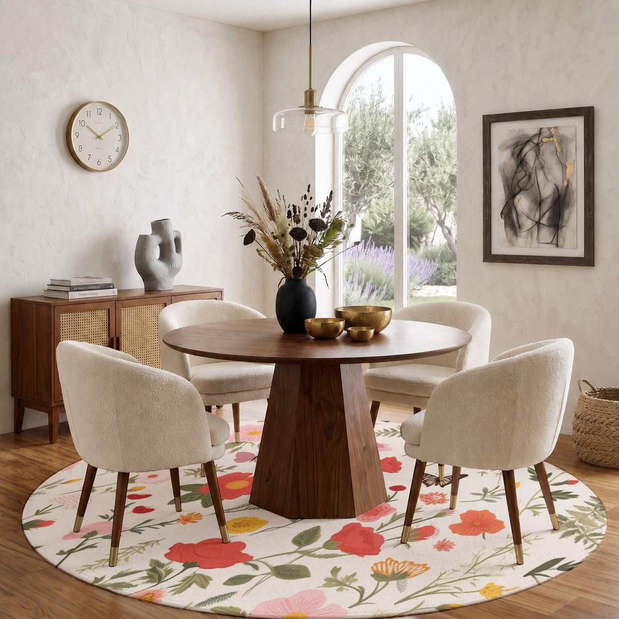 Tappeto Salotto Rotondo Grande Pelo Corto, Estetica Delle Piante Grandi Antiscivolo Tondo Moquette,Rose Selvatiche Farfalle Bambini Camera,Domestica Decor Tappeti (Ø 180 cm,Rosa)