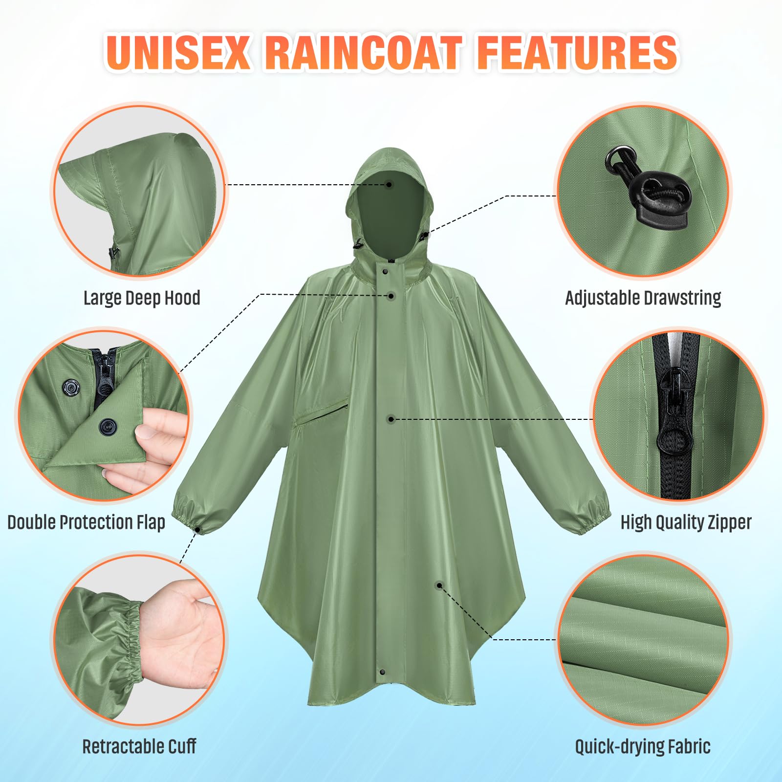 LUROON Leichter Wasserdichter Regenponcho Regenjacke Damen Herren mit Kapuze Faltbare Regencape Fahrrad mit Taschen Reflexstreifen, Wiederverwendbar Regenmantel für Wandern Angeln Radfahren Reisen