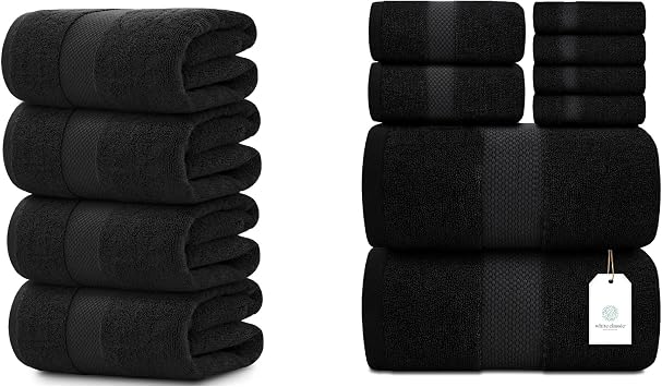 White Classic 4 Luxury Black Bath Towels 27 x 54 and 8-Piece Towel Set [2 Bath Towels, 2 Hand Towels, 4 Washcloths] | Cotton, Highly Absorbent and Quick Dry for Hotels, Spa and Bathroom