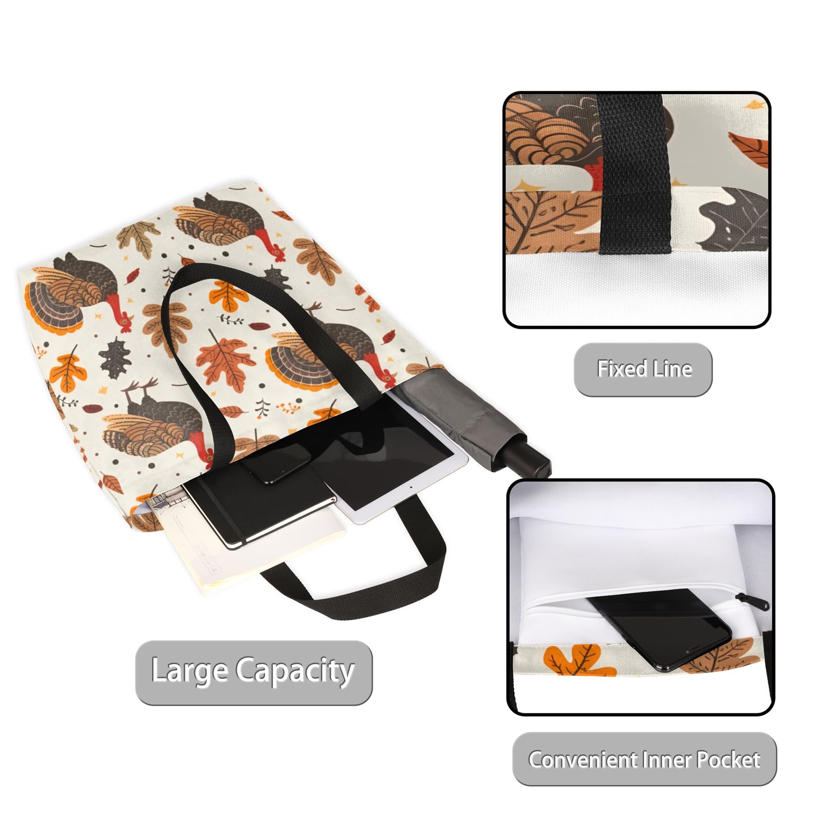 Mularoka Turkey Leaves Large Capacity Canvas Tote Bag Stylish Handheld Shoulder Bag Reusable Shopping Bag for Work Travel Beach Trips Shopping