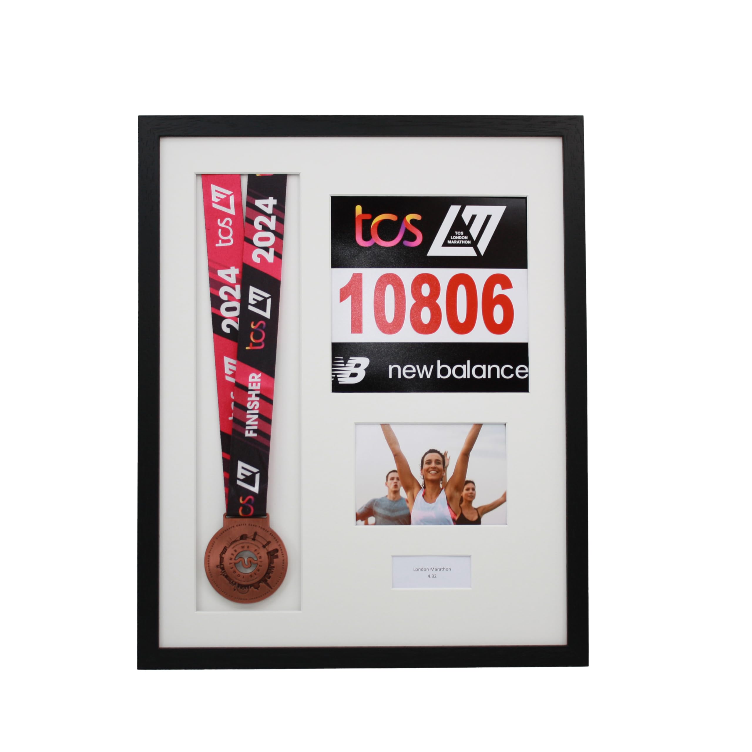 Personalised Medal display Frame with Apertures for Medal, Race Bib, 6x4 Landscape Photo and Text. London Marathon 2025 | 2024 | Marathon Medal | (Black Frame)
