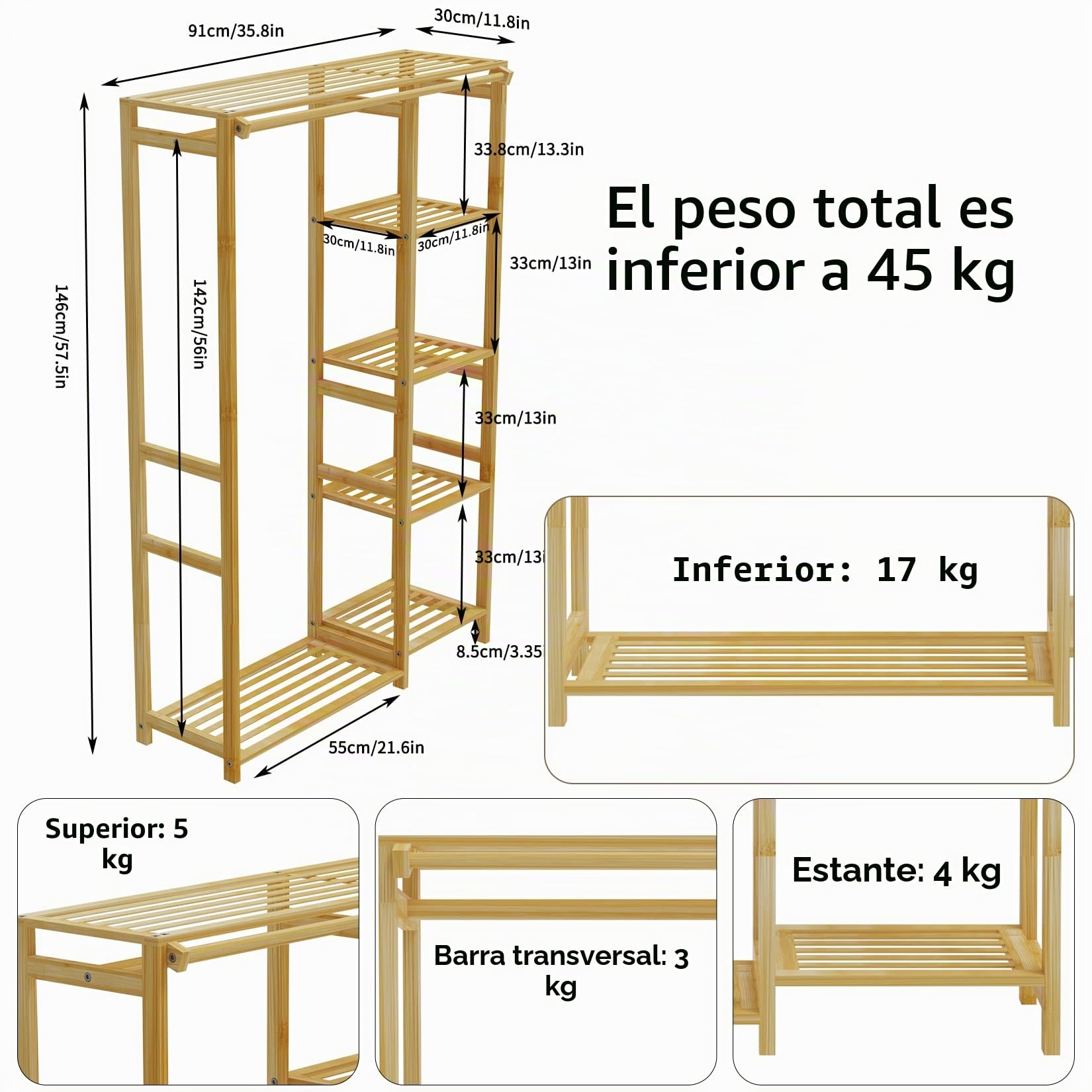 medla Perchero Burro de Bambú Armario Abierto con Cortina Barra 6 Estantes | Perchero de Pie para Ropa Zapatos Canastas, Para Dormitorio Salon, 91 x 30 x 146cm