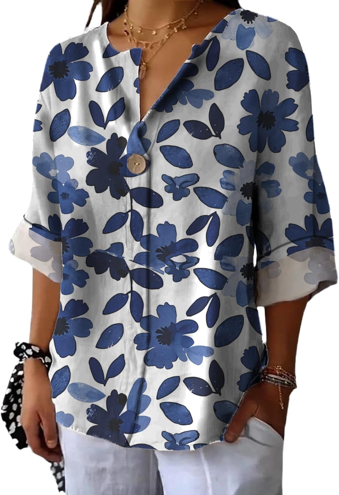 - Womens Trendy Tops Art Floral Printed 3/4 Long Sleeve Collared Blouses Loose Comfy Casual Outfits Summer Shirts