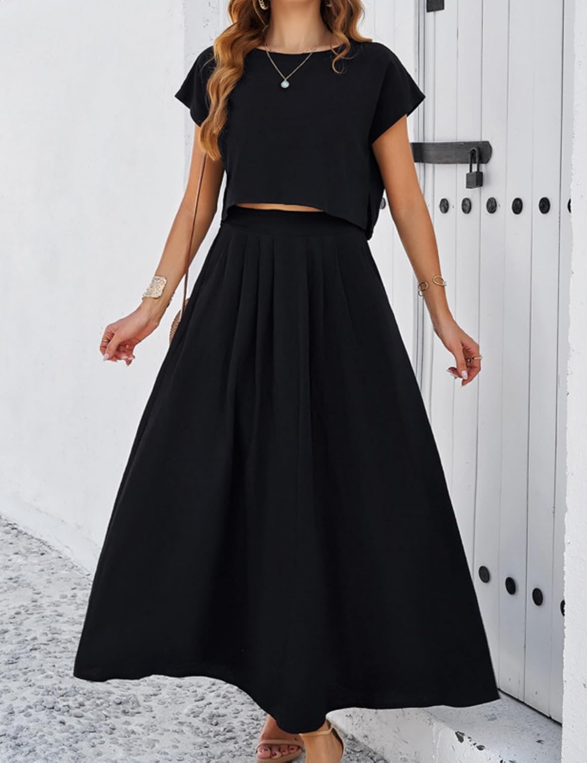 Mingzhu Womens 2 Piece Outfits Skirt Set Summer Casual Cap Sleeve Crop Tops Maxi Dress Sets with Pockets - Image 4