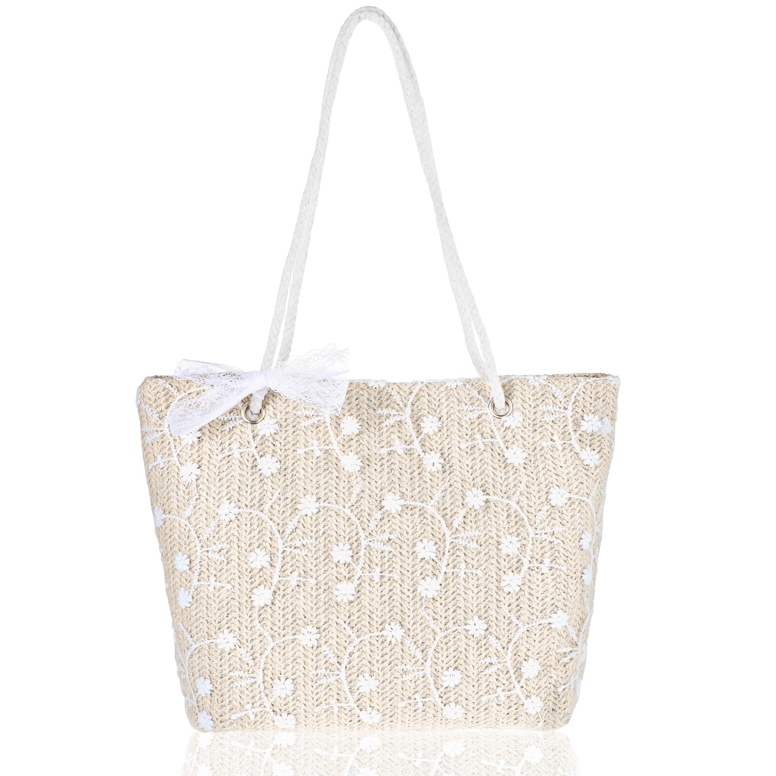 GEEHUA Bolso de paja para mujer, bolso de mano tejido de encaje impreso con hebilla magnética para verano, vacaciones en la playa, bolso de hombro