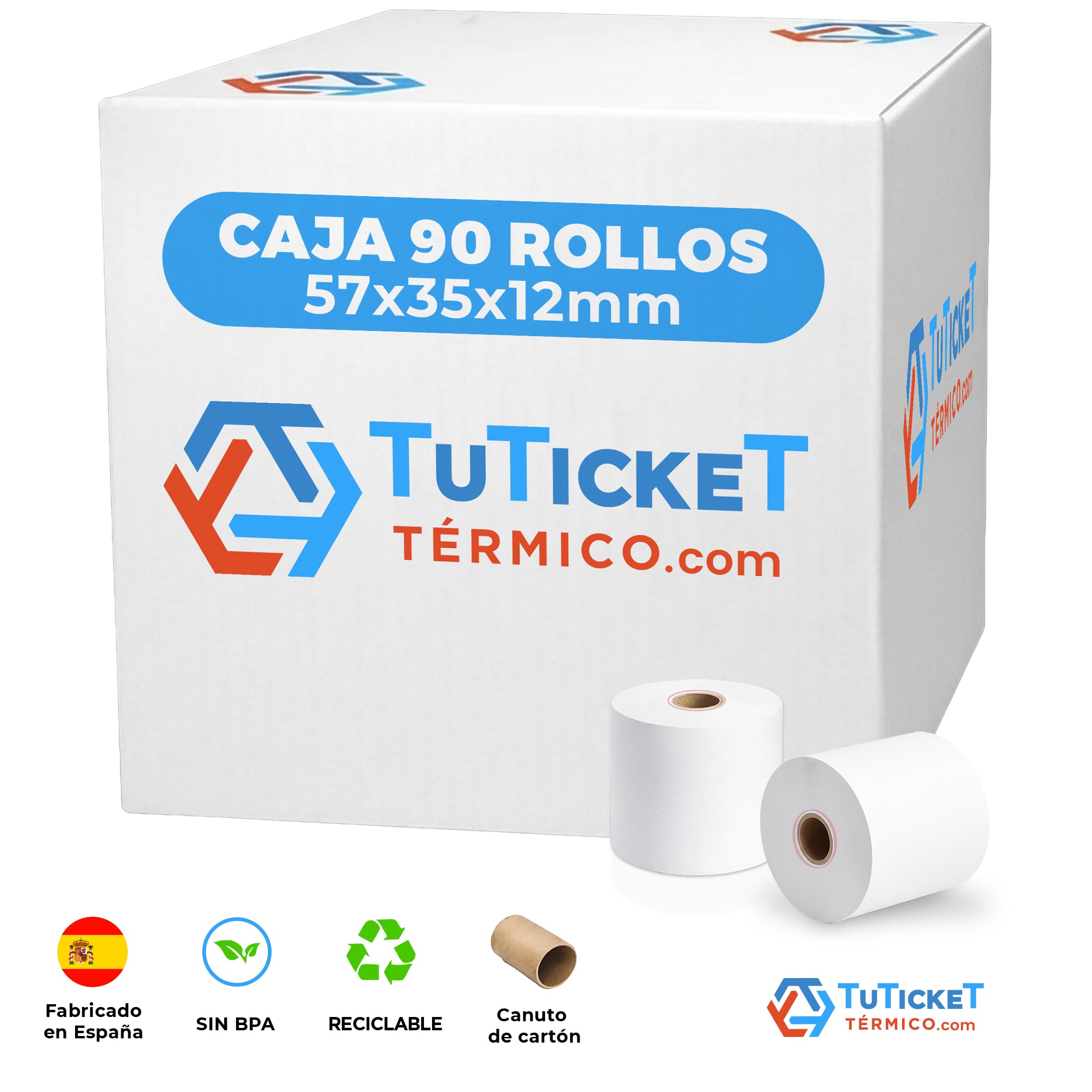 Rollos de Papel Térmico 57x35x12 mm (90 uds) Especial para cobros con Datáfono. Apto para sistemas compactos y portátiles. Sin Bisphenol A. PEFC. Producto C.E.