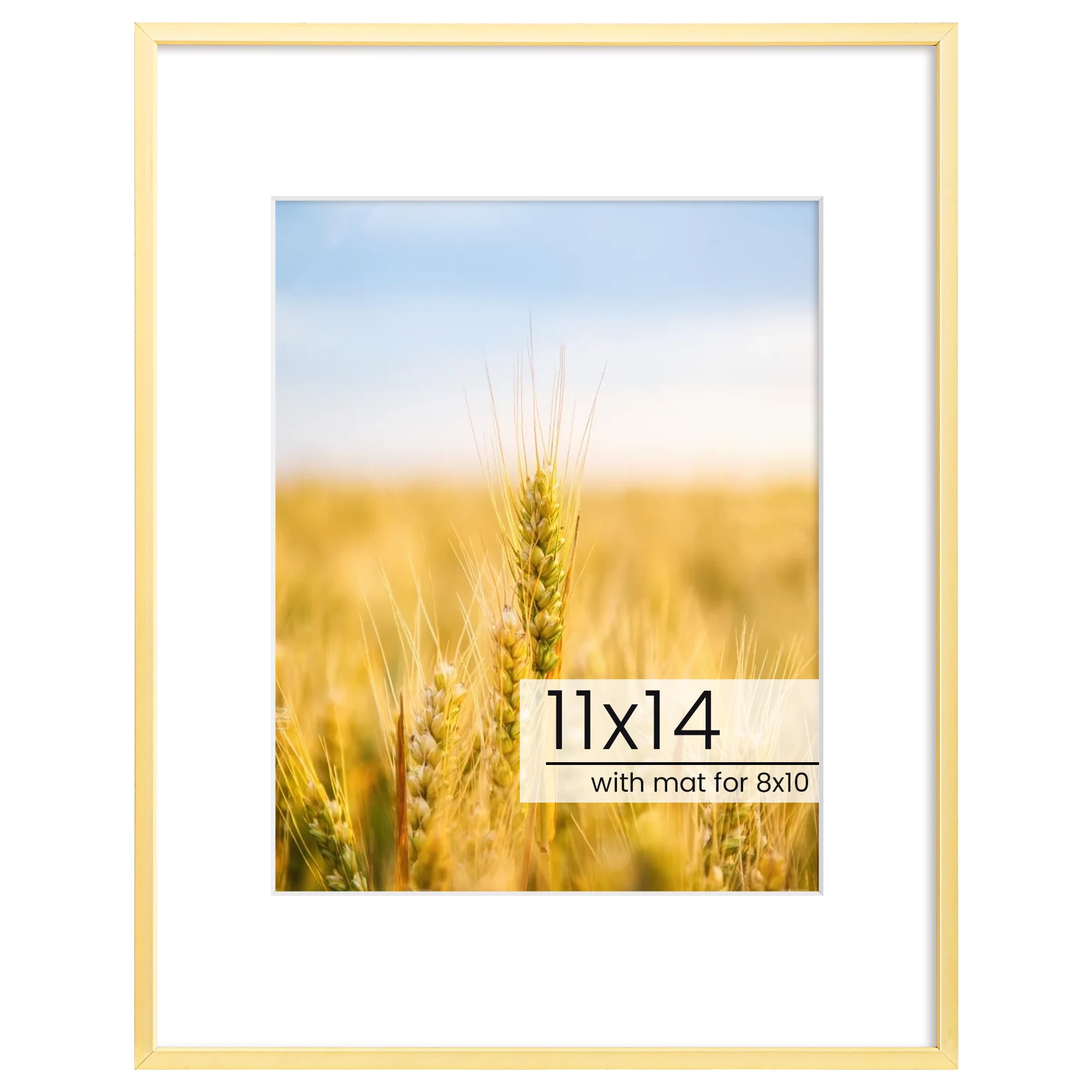 FLYJOE 11x14 Picture Frame, Inclined Plane Aluminum Photo 11x14 Frame Matted to 8x10, with High Definition Plexiglass, for Wall or Tabletop Display, Wall Hook Included, Gold