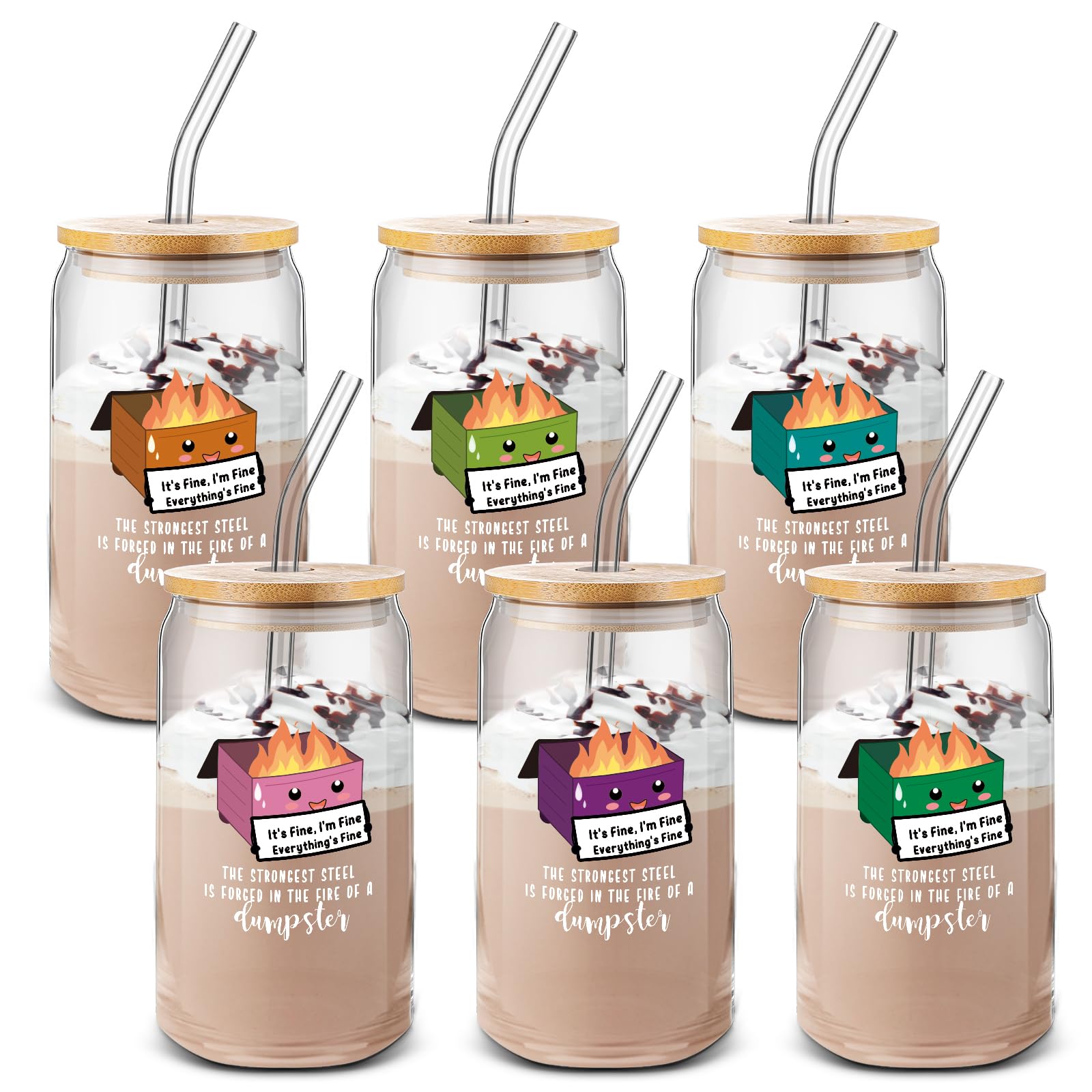 Uiifan 6 piezas de regalos de agradecimiento para empleados a granel, vasos de vidrio arcoíris con tapas de bambú, popotes, arco iris o contenedor de fuego, taza de café motivacional para maestros,