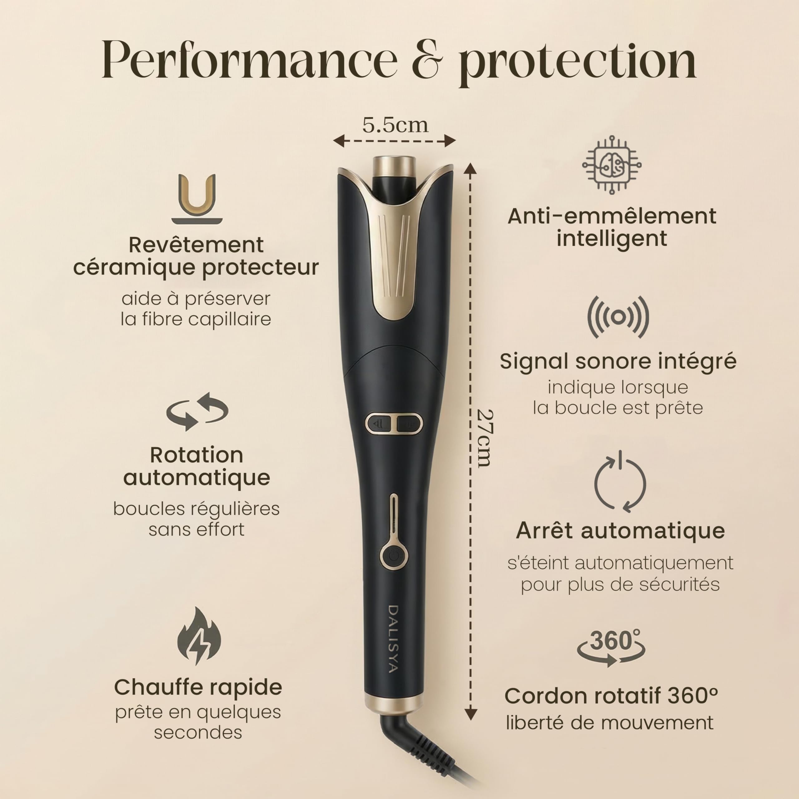 Boucleur Automatique DALISYA AutoCurl Élégance™ – Fer à Boucler Automatique Céramique 170-230°C – Boucles Naturelles Ondulations Wavy – Rotation Gauche/Droite – Idée Cadeau Femme