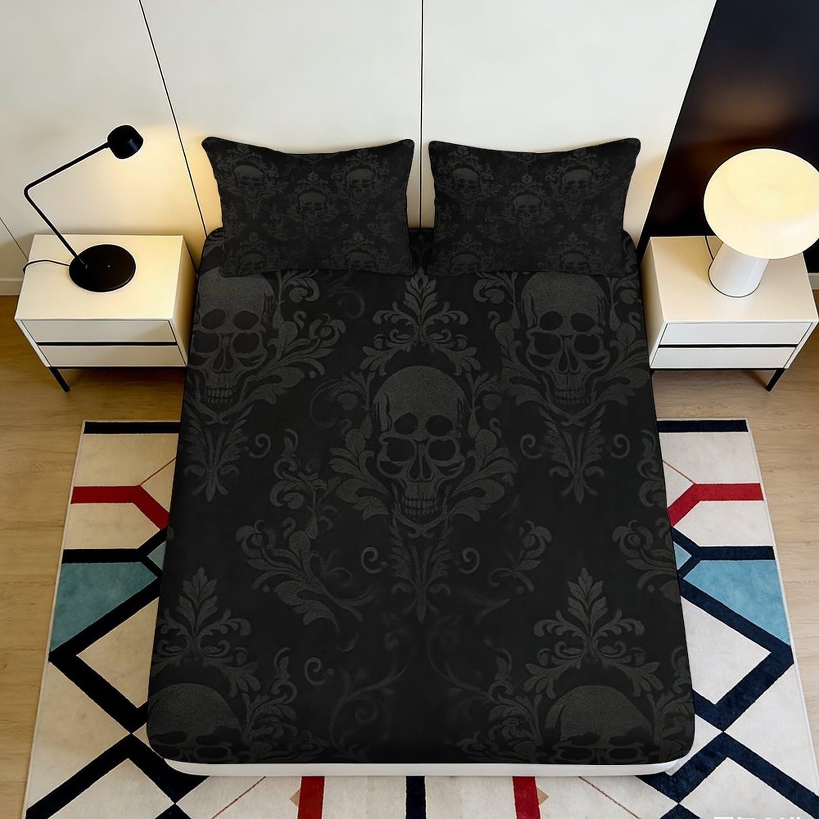 3D Printed Gothic Skull Fitted Sheet Microfiber Black Floral Bed Cover for Bedroom Guest Room Mattress Protection 90x200x25cm