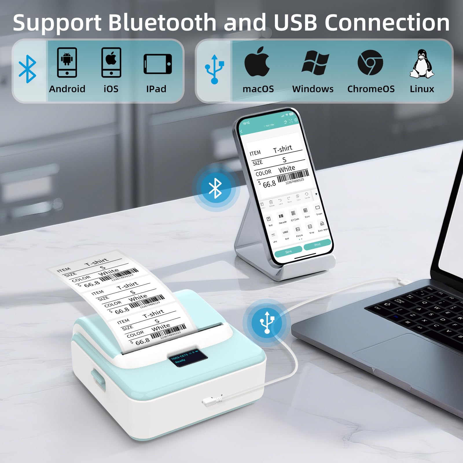 ORGSTA T003 Stampante Etichettatrice Etichette Termica Adesive Bluetooth & USB 2200 mAh 50mm/s 20-80 mm Portatile Label Printer per Negozio Personalizzate Prezzatrice Barattoli