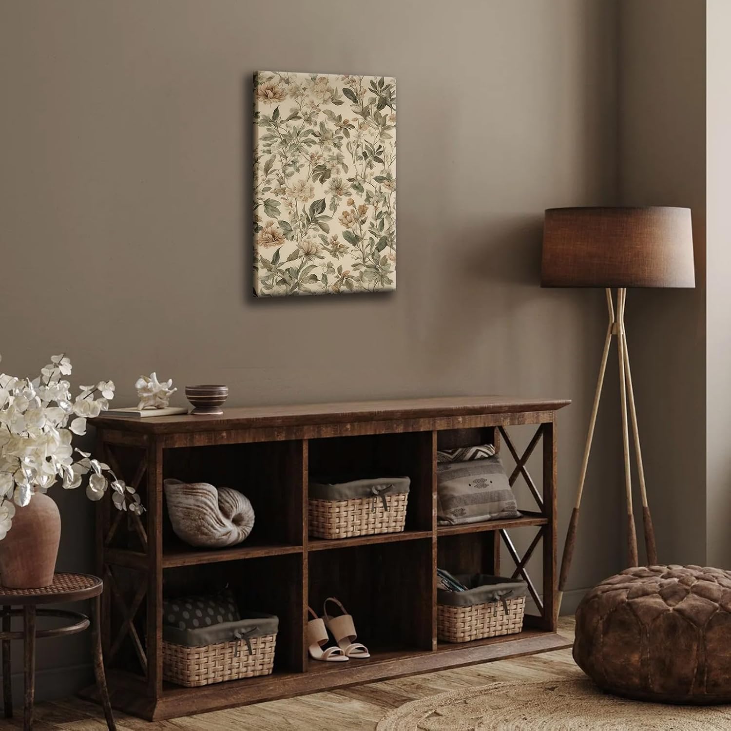 Framed Vintage Botanical Floral Wall Art Canvas Wrap Print Beige Wildflowers Picture Nature Style Poster for Living Room Bedroom or Gallery Wall Decor Painting Artwork Ready to Hang 16x24 Inch