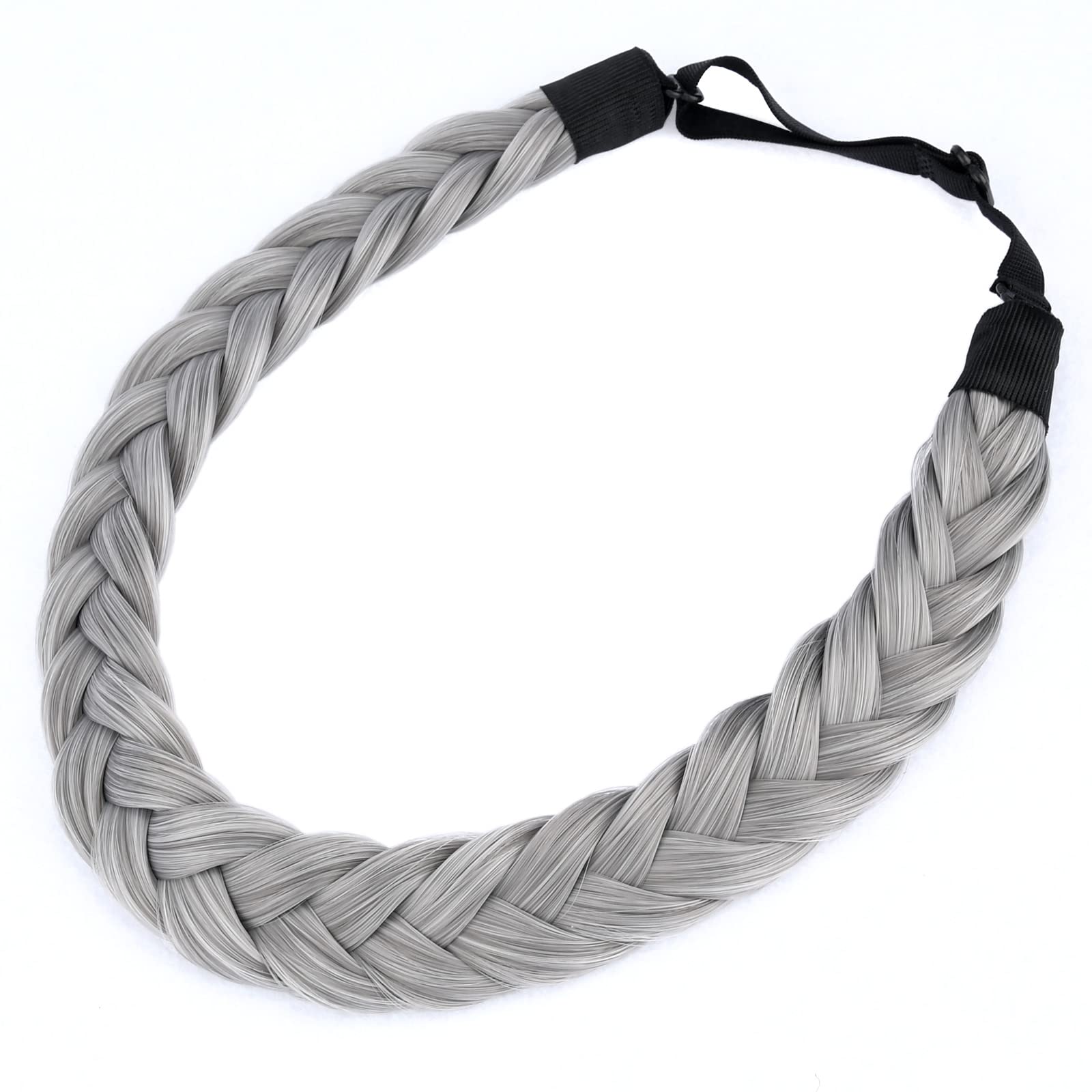 DIGUAN 2 Strands Synthetic Hair Braided Headband Classic Chunky Plaited Braids Elastic Stretch Hairpiece Women Girl Beauty accessory, 54g Boho (Smoky Gray)