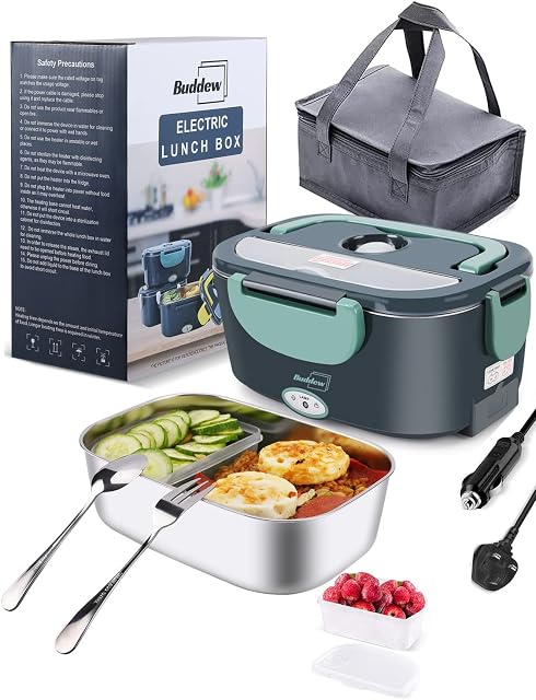 Buddew Electric Lunch Box 80W Food Heater 3 in 1 12/24/110-230V Portable Lunch Warmer Upgraded Leakproof Heated Lunch Box for Car/Truck/Office with SS Fork&Spoon and Insulated Carry Bag(Green)
