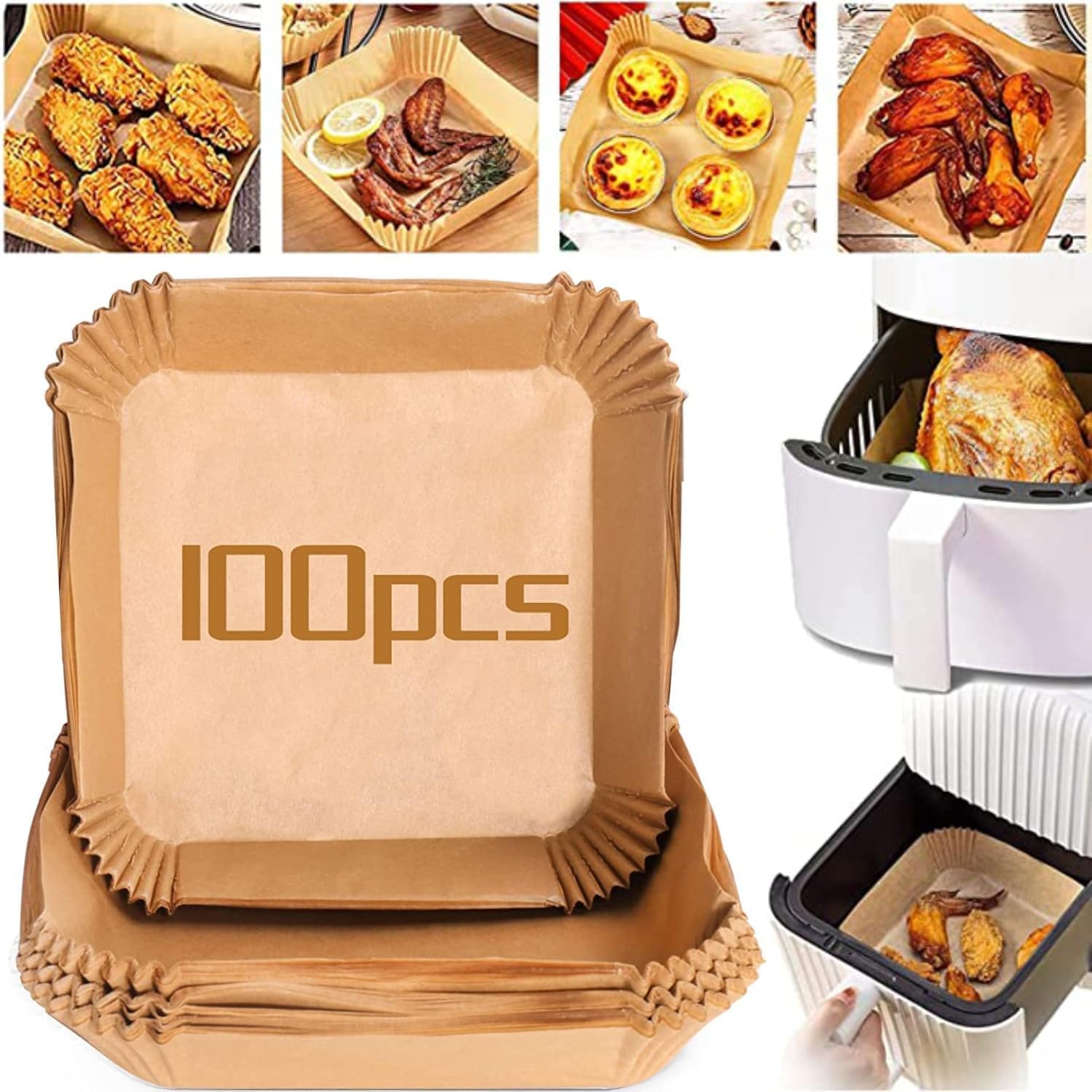 ZestioExtra Thick 100Pcs Square Air Fryer Paper Liner, Disposable Non-Stick Oil-proof Waterproof Non-Stick, (20cm/7.9inch, Square), Perfect for Microwave and Maintain your Air Fryer Clean