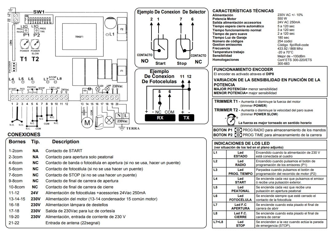 Kit Central de maniobras universal cuadro de control para motores monofasicos a 220v hasta 500w de puerta corredera de garaje y parking, con 2 mandos a distancia.