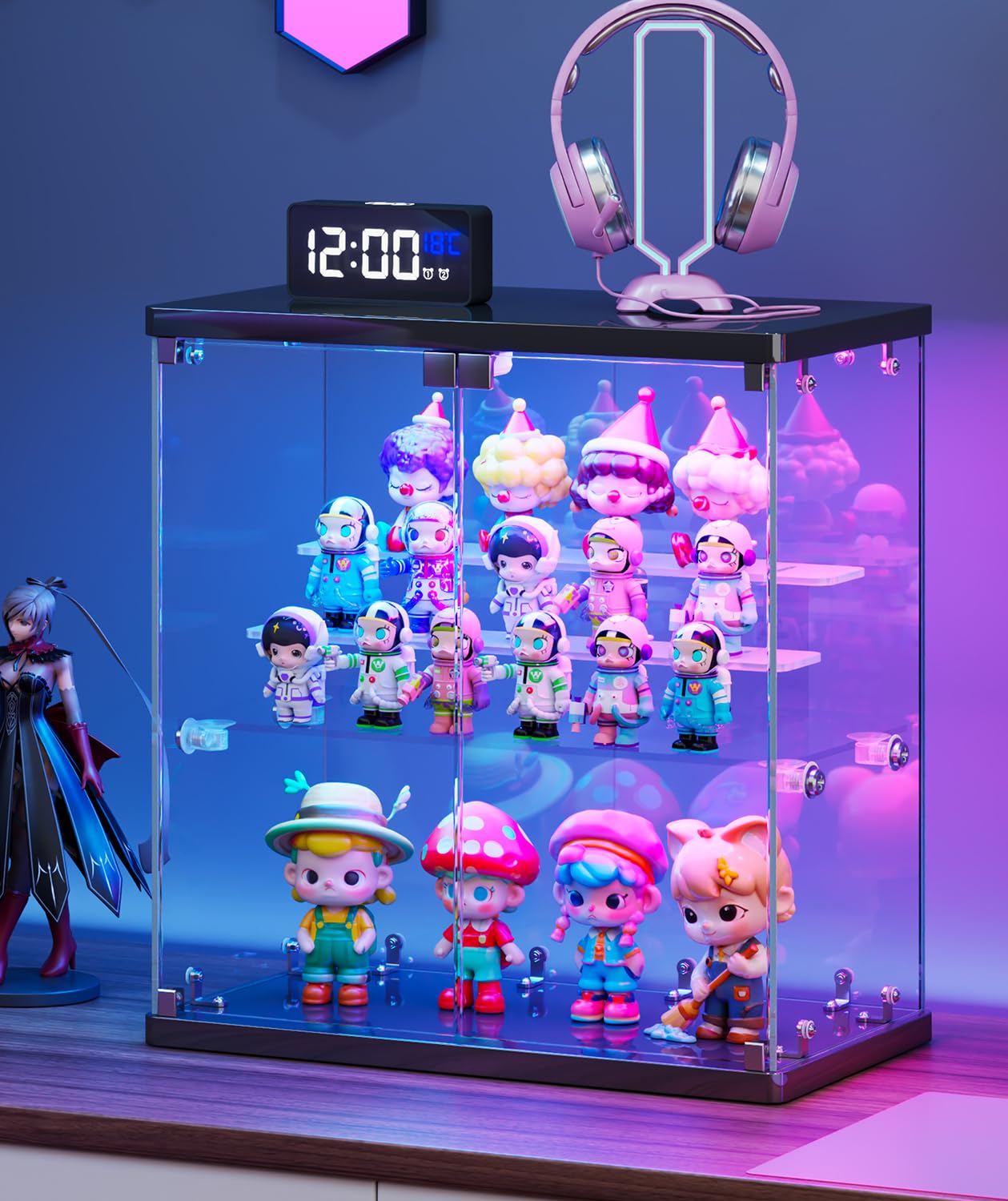 Vlsrka Vitrine en Verre avec éclairage LED et Portes vitrées, pour Figurines et Objets de Collection, Petite vitrine à Deux étages équipée d'un détecteur de Mouvement, Blanc