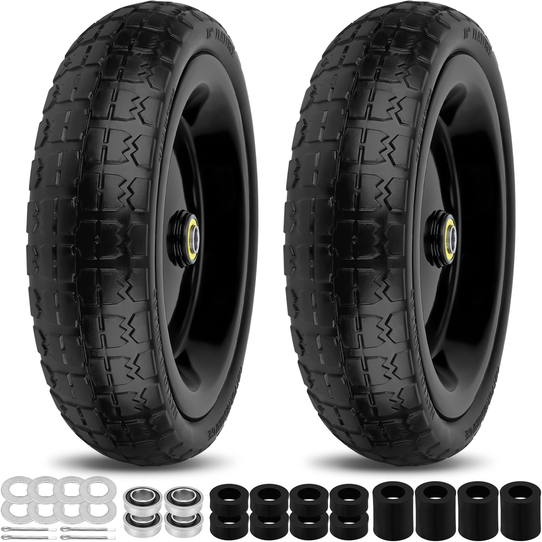 13 inch flat free wheels tires 4.00-6 solid replacement with universal 5/8" axle bore hole, 8 spacers and 4 pins, for wheelbarrow, garden wagon, hand truck, trolley, lawn mower, 2 pack