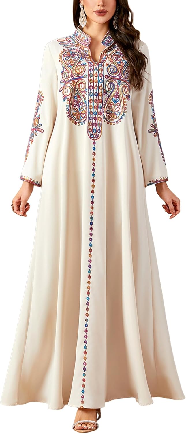 OBEEII Women Muslim Abayas Islamic Floral Embroidery Sequin Maxi Dress Ramadan Loose Morocco Dubai Robe Kaftan Prayer Dress
