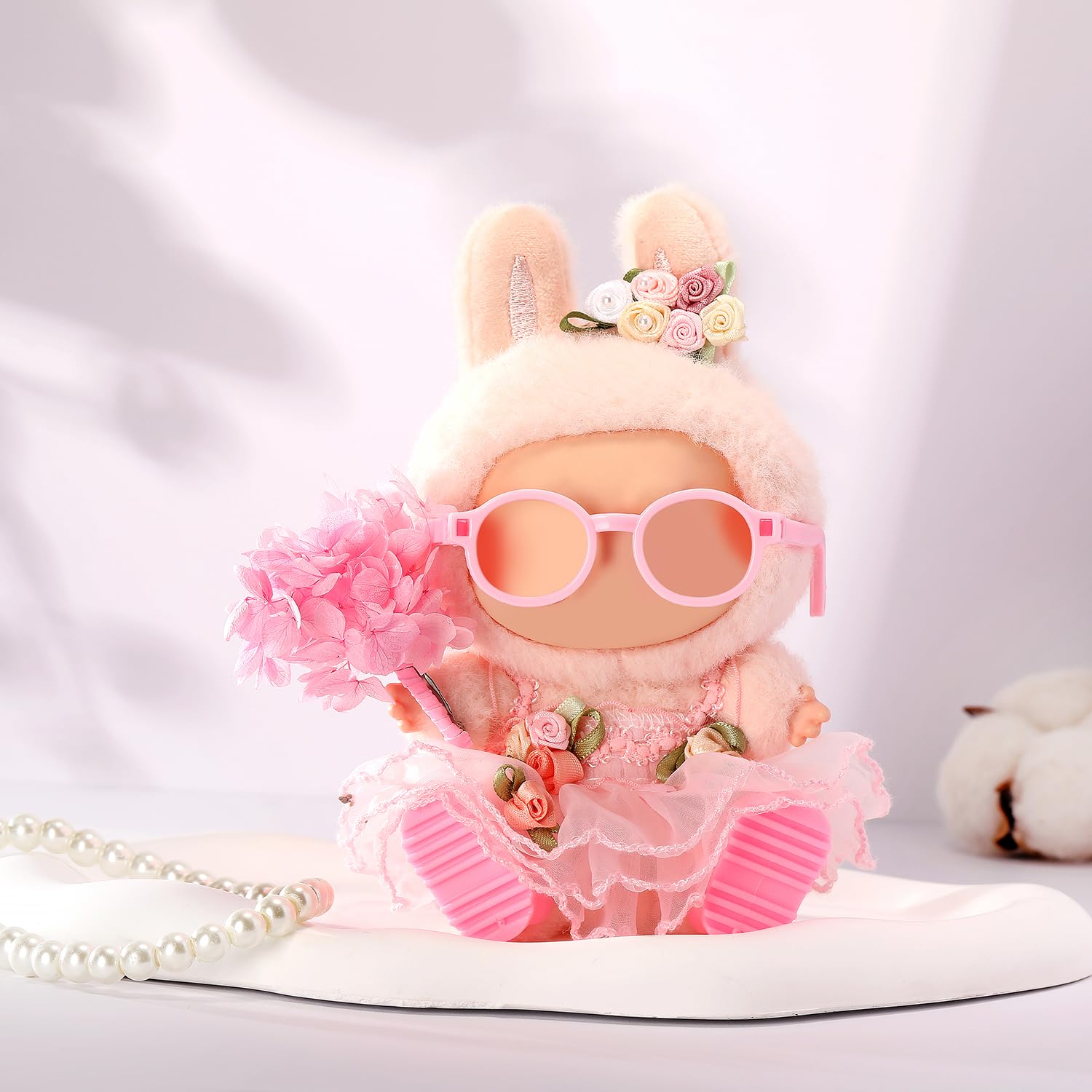 ALTRJO Doll Clothes for Labubu 17cm Have a Seat & Exciting Macaron & Big into Energy Series Dolls, Adorable Chic Dress Set for 17cm Dolls Accessories (Pink Flower Skirt + Hairband)