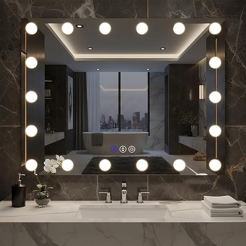 Miniatura 40 de 48x32 Espejo de Baño Iluminado, Espejos de Pared de Hollywood con Bombillas LED, 3 Temperaturas de Color y Atenuación Sin Escalas, Antiempañamiento