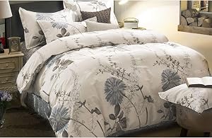 Wake In Cloud - Floral Duvet Cover Set King, 100% Soft Cotton Bedding, Botanical Flowers Pattern Printed, with Zipper Closure (3pcs, King Size)