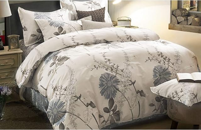 Wake In Cloud - Floral Duvet Cover Set King, 100% Soft Cotton Bedding, Botanical Flowers Pattern Printed, with Zipper Closure (3pcs, King Size)
