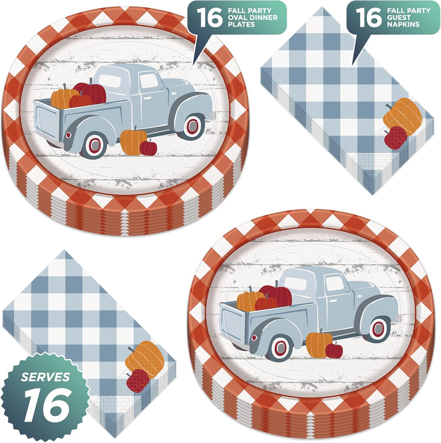 HOME & HOOPLA Gingham Plaid Fall Pumpkin Oval Paper Dinner Plates and Dinner Napkins (Serves 16)