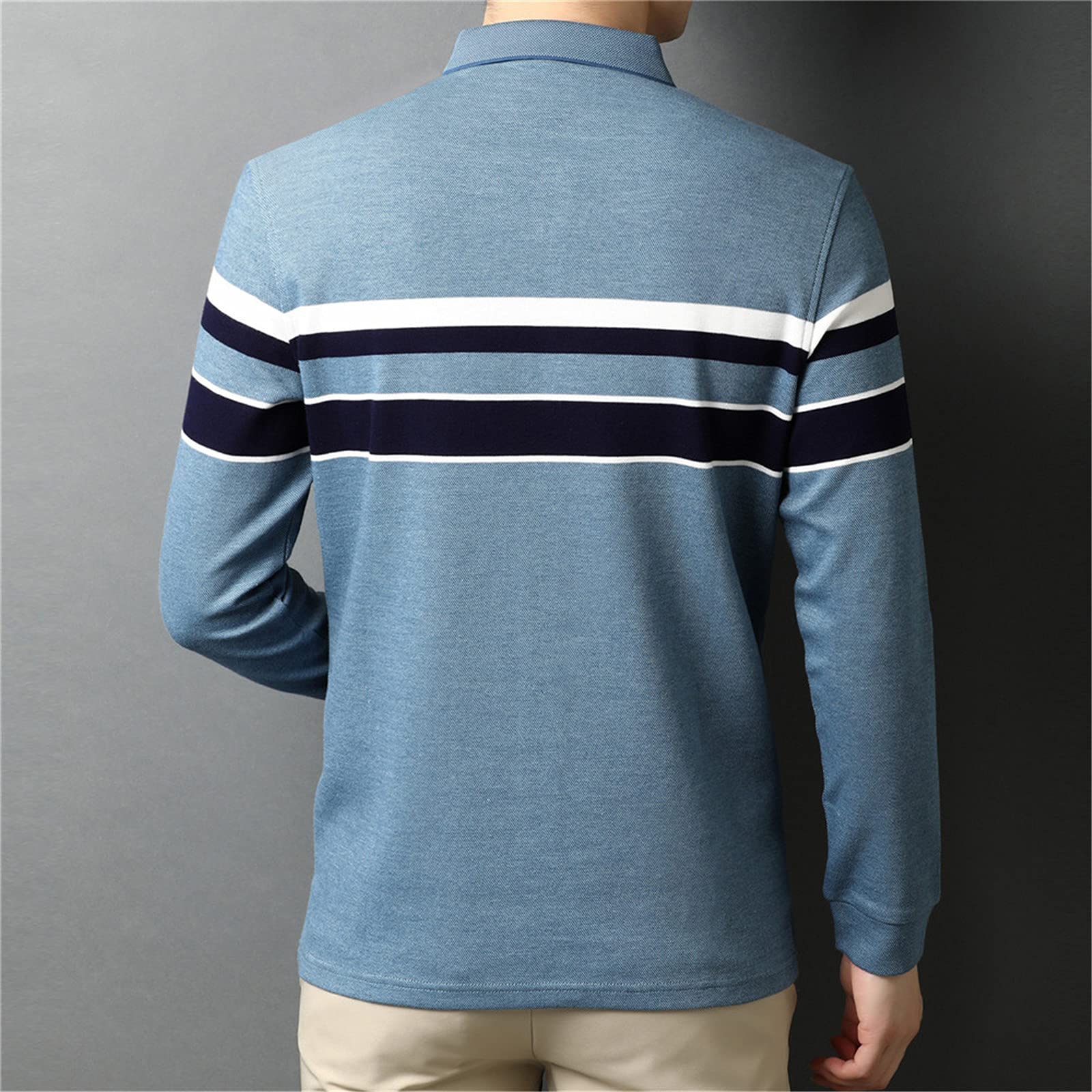 Herbst Business Casual Streifen Langarm Baumwolle Poloshirt Herren Kleidung, rose, XXL