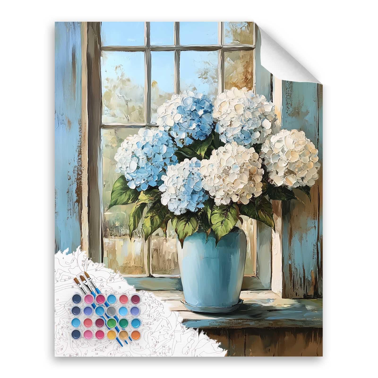 Blue Hydrangea Paint by Number, Blue Floral Paint by Numbers Kit for Adults, Hydrangeas Wall Art, Rustic Window Flowers Acrylic Painting for Gift,