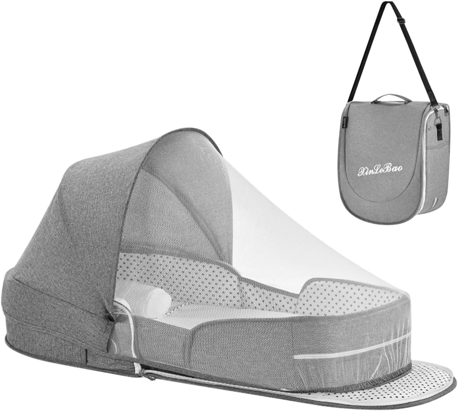 Baby Travel Bassinet Portable Bassinets - Foldable Carry Bag Bassinet Anti-Pressure Baby Co-Sleeper Bed Lightweight Travel Pod Infant Travel Bed with 2-1 Mosquito & Canopy Grey