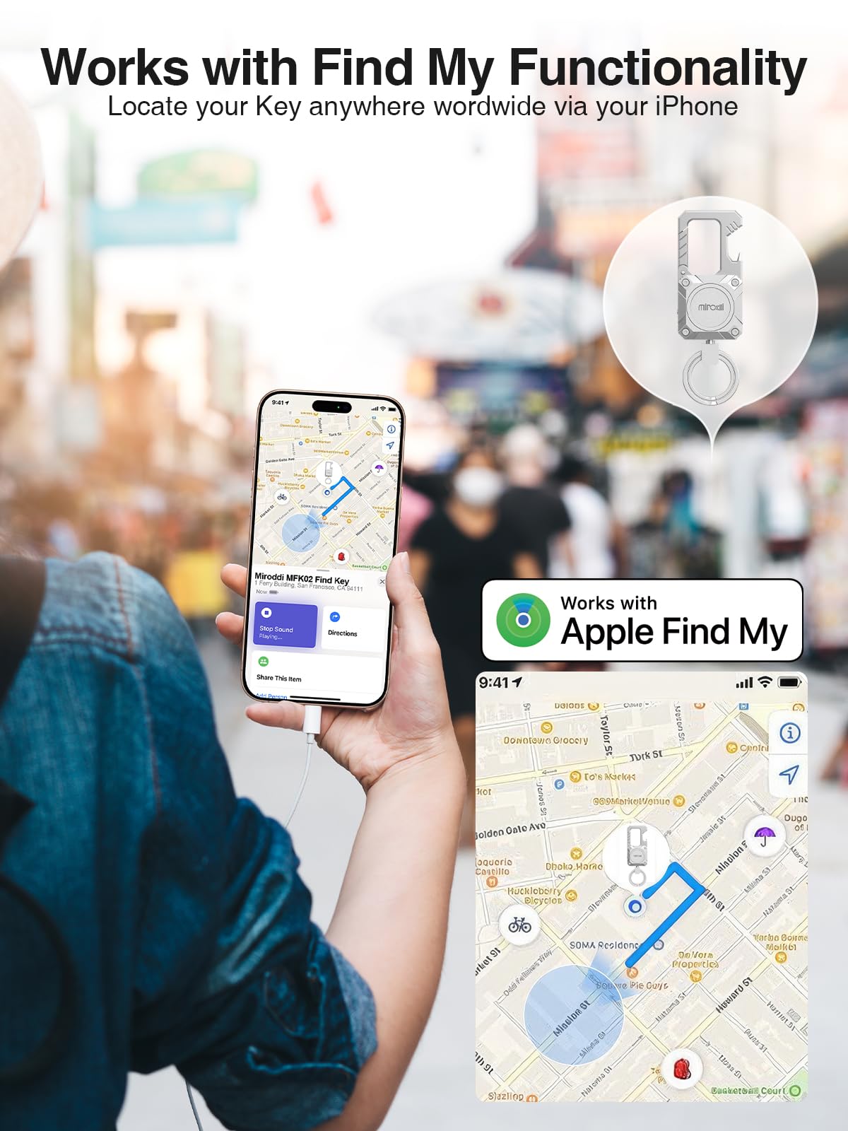 Miroddi Portachiavi per auto con tracker, funziona con Apple Find My (solo iOS), moschettone con apribottiglie, trova chiavi