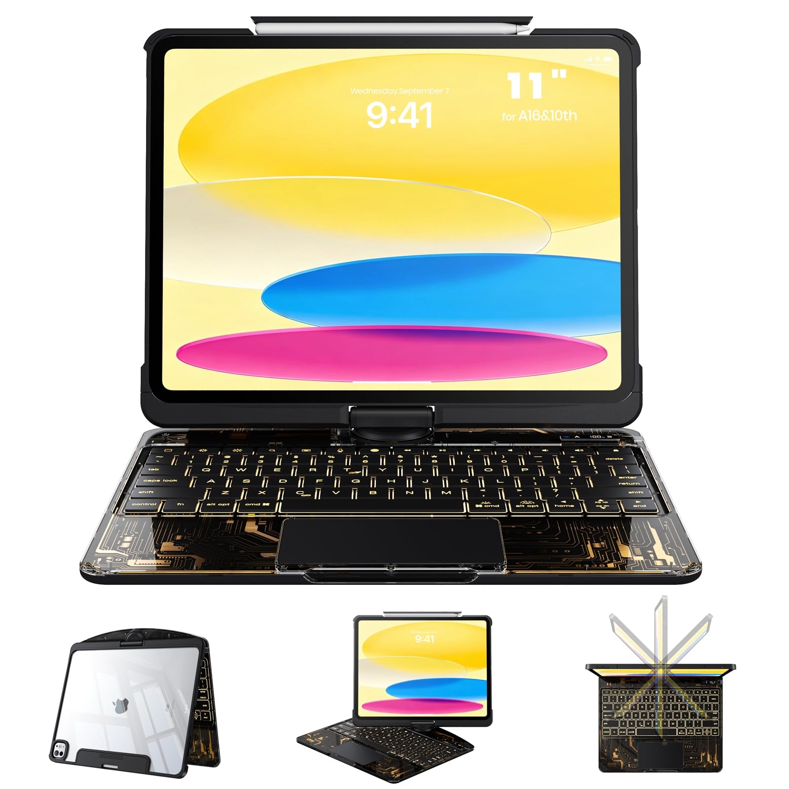Clear Case with Keyboard for 10.9" iPad 10th Generation &amp; 11" A16 (11th) Case with Keyboard, 360°+180° Rotating iPad Keyboard, LCD Display, Pencil Holder, 7-Color Backlit, Trackpad, Black