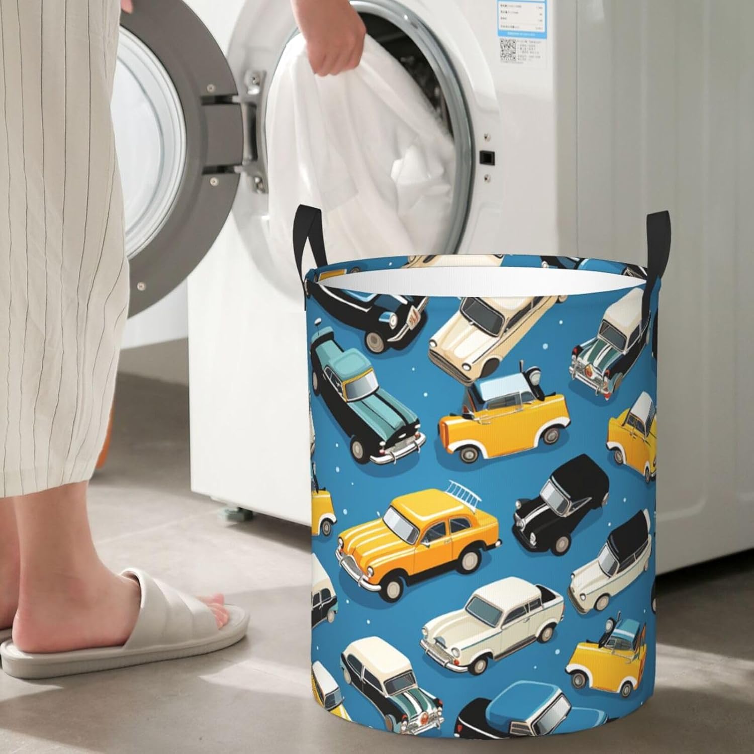 cars pattern print Laundry Hamper with Handle Waterproof Collapsible Organizer Baskets Circular Dirty Clothes Organizer Basket Portable Storage Bin for Bathroom Bedroom Dorm