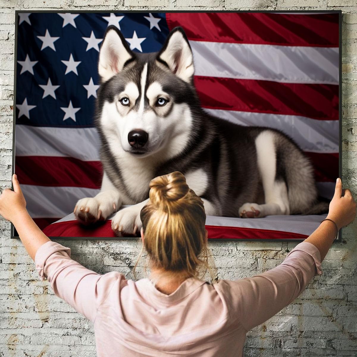 Póster «Mamá Husky Con Bandera Estadounidense Y Husky Siberiano Sentado