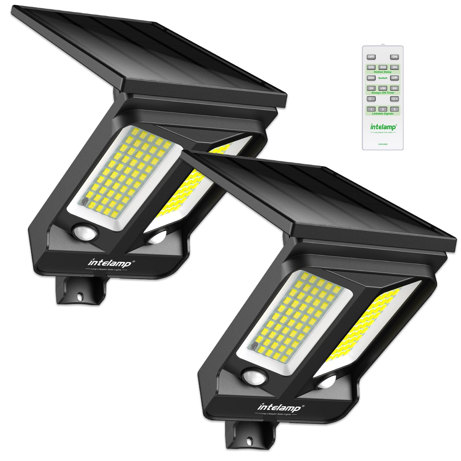 INTELAMP Solarlampen für Außen mit Bewegungsmelder 4000mAh 1200LM (2) | Fernbedienung, Timer & Dimmer, 180° Dual-Sensor, keine Störung benachbarter Leuchten, IP65, ideal für Garage, Hof & Garten