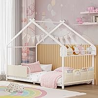 Timy Twin Montessori House Bed Frame - Metal Floor Bed with Storage Rack & Caddy, White, Kids Twin Size No Box Spring