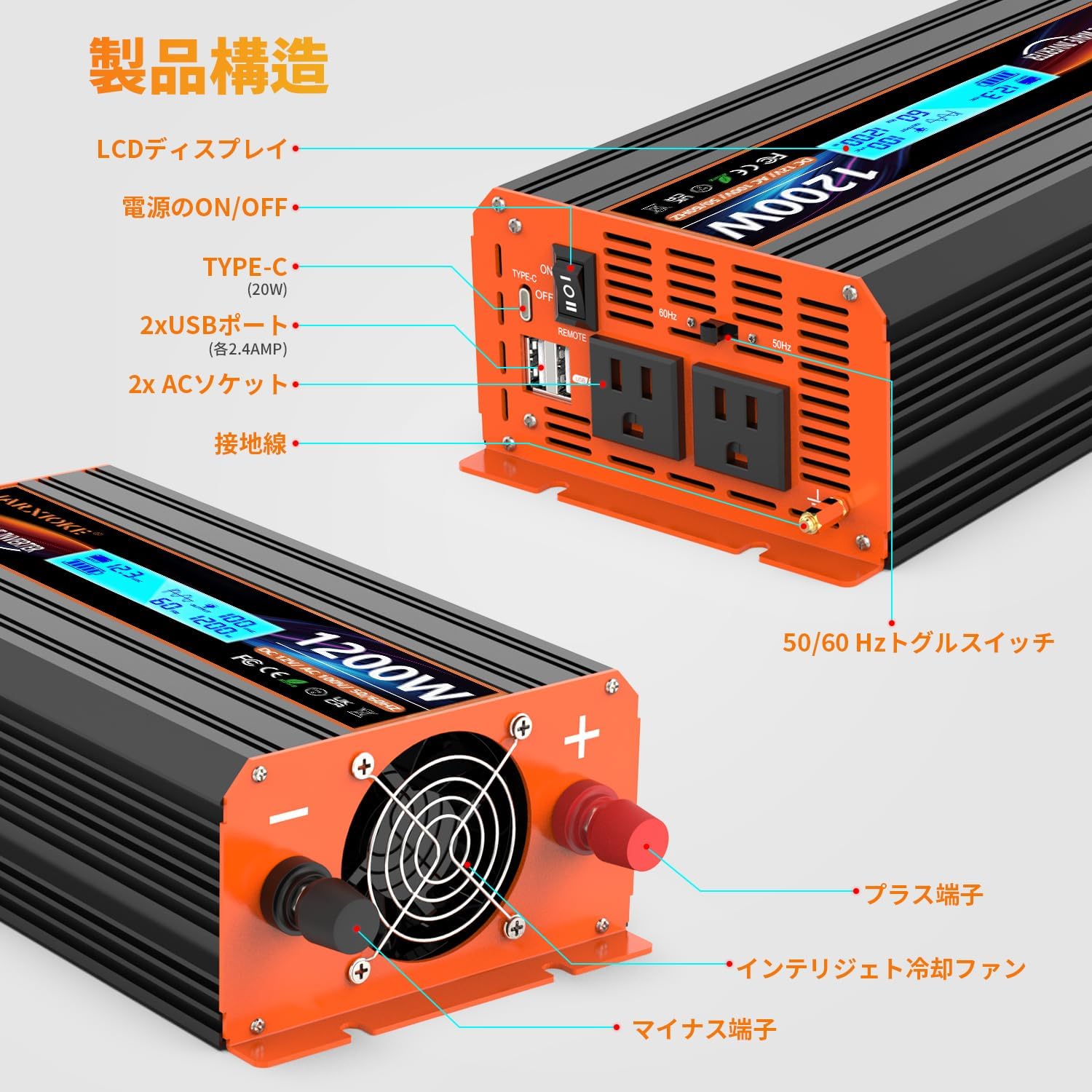 JARXIOKE 1200W Inverter Front and Rear Panels