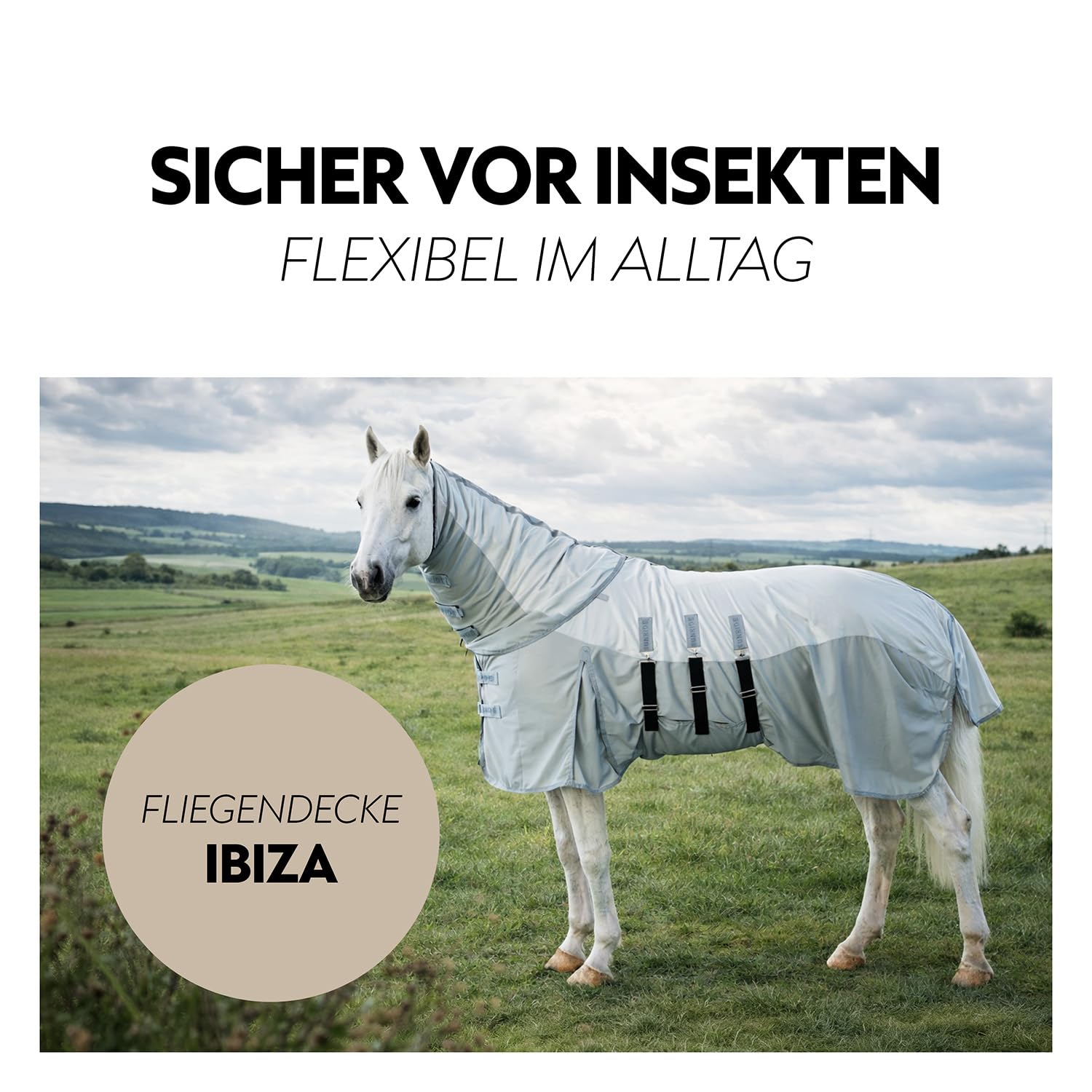 SUNRIDE Fliegendecke für Pferde Ibiza 135 cm grau mit UV-Schutz abnehmbarem Halsteil