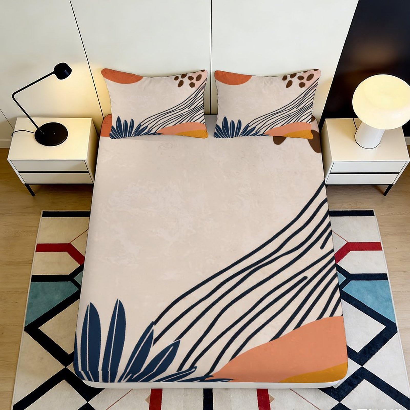 3D Printed Abstract Botanical Fitted Sheet Microfiber Non-Slip Deep Pocket Abstract Botanical Mattress Fitted Cover for Bedroom 140x200x25cm