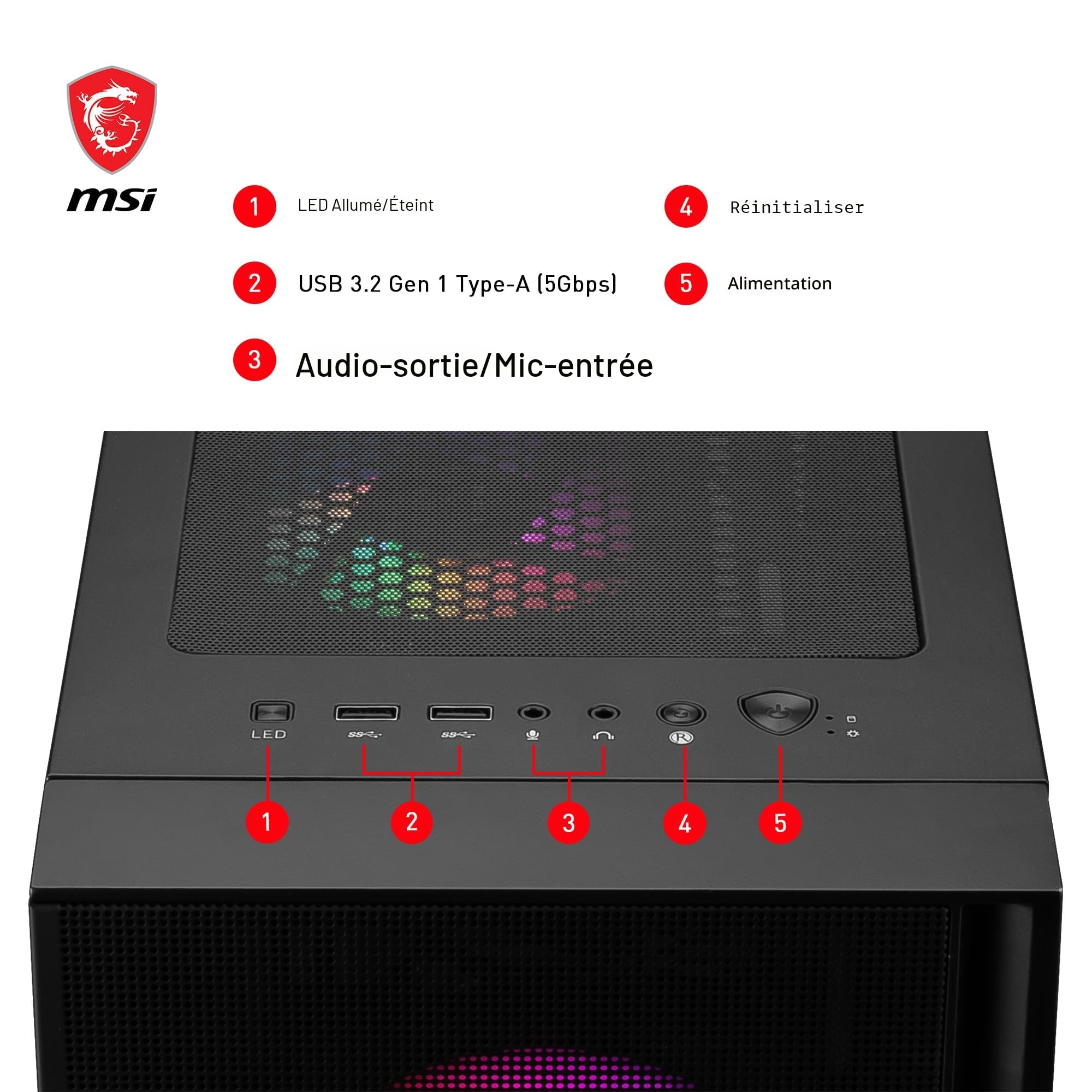 MSI MAG Forge 120A Boîtier PC Moyen Tour ATX, Micro-ATX, Mini-ITX, Verre Trempé, Façade Mesh, 6 Ventilateurs Auto-RGB 120mm