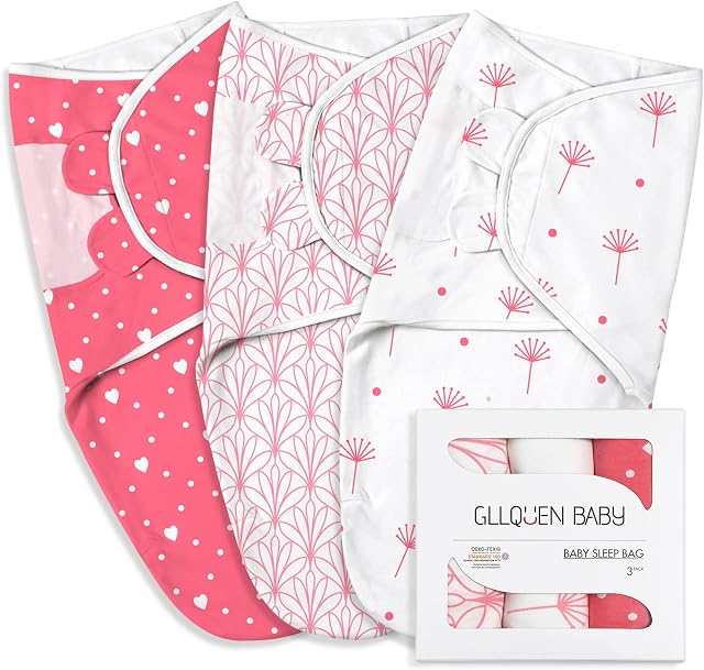 GLLQUEN BABY Baby Swaddle Wraps for 0-3 Months Newborn,Oeko-tex100, 100% Breathable Organic Cotton Fabric Swadding Blankets,3 Pack (Dot & Flower)