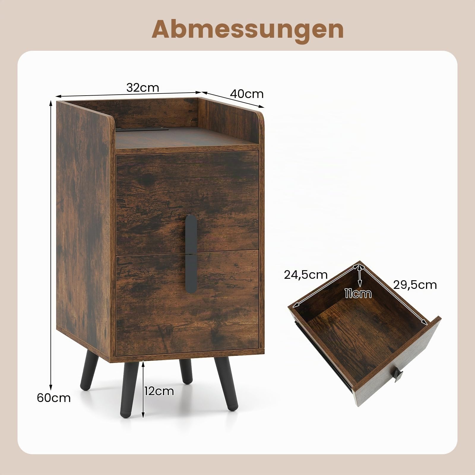 COSTWAY Nachttisch mit Ladestation, schmaler Nachtschrank mit 2 Schubladen, Beistelltisch mit Metallbeinen, Nachtkommode für Schlafzimmer, Wohnzimmer, 40 x 32 x 60 cm (Rustikales Braun)